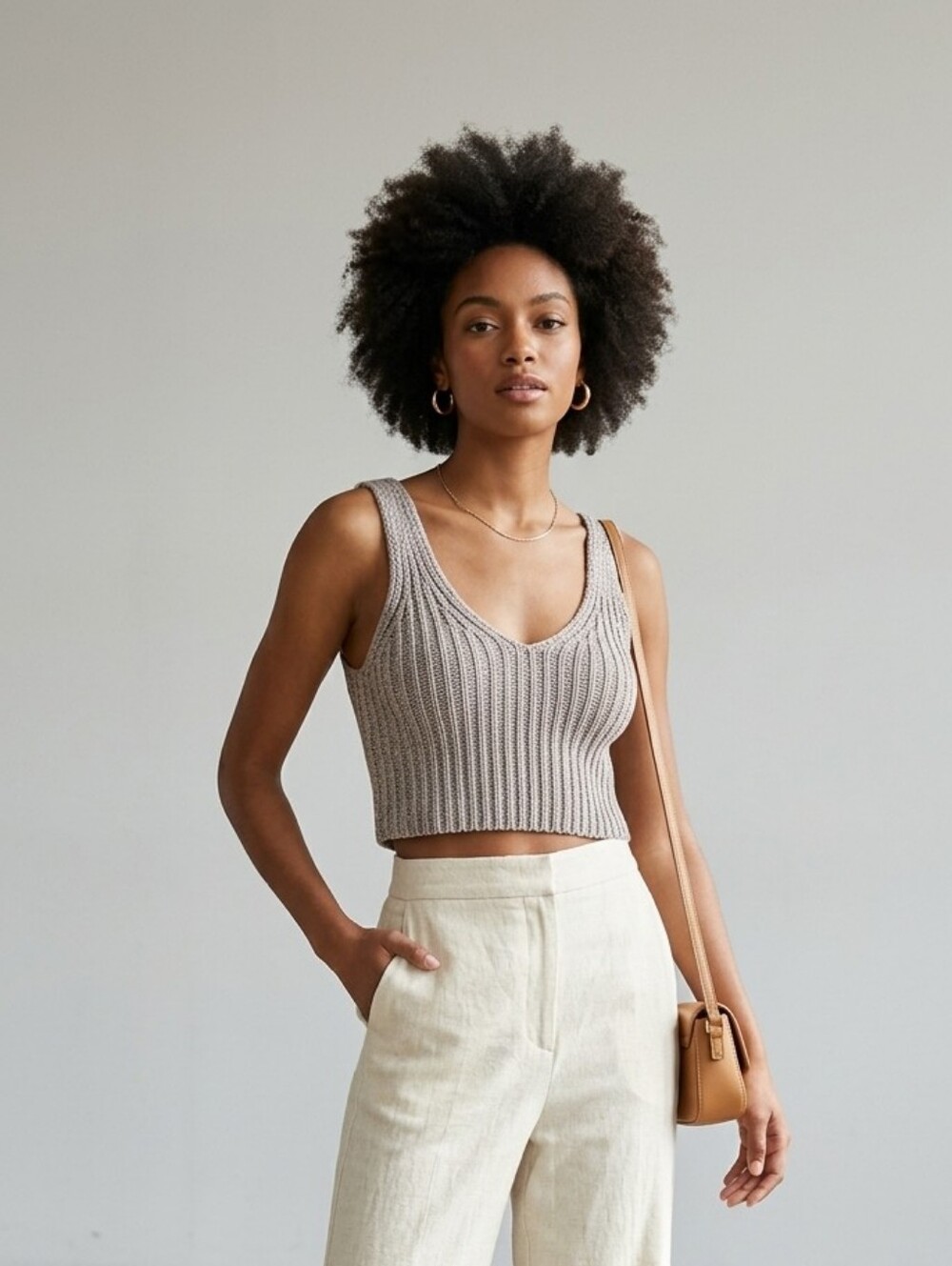The Drop Ribbed V-Neck Cropped Knit Tank - Taupe